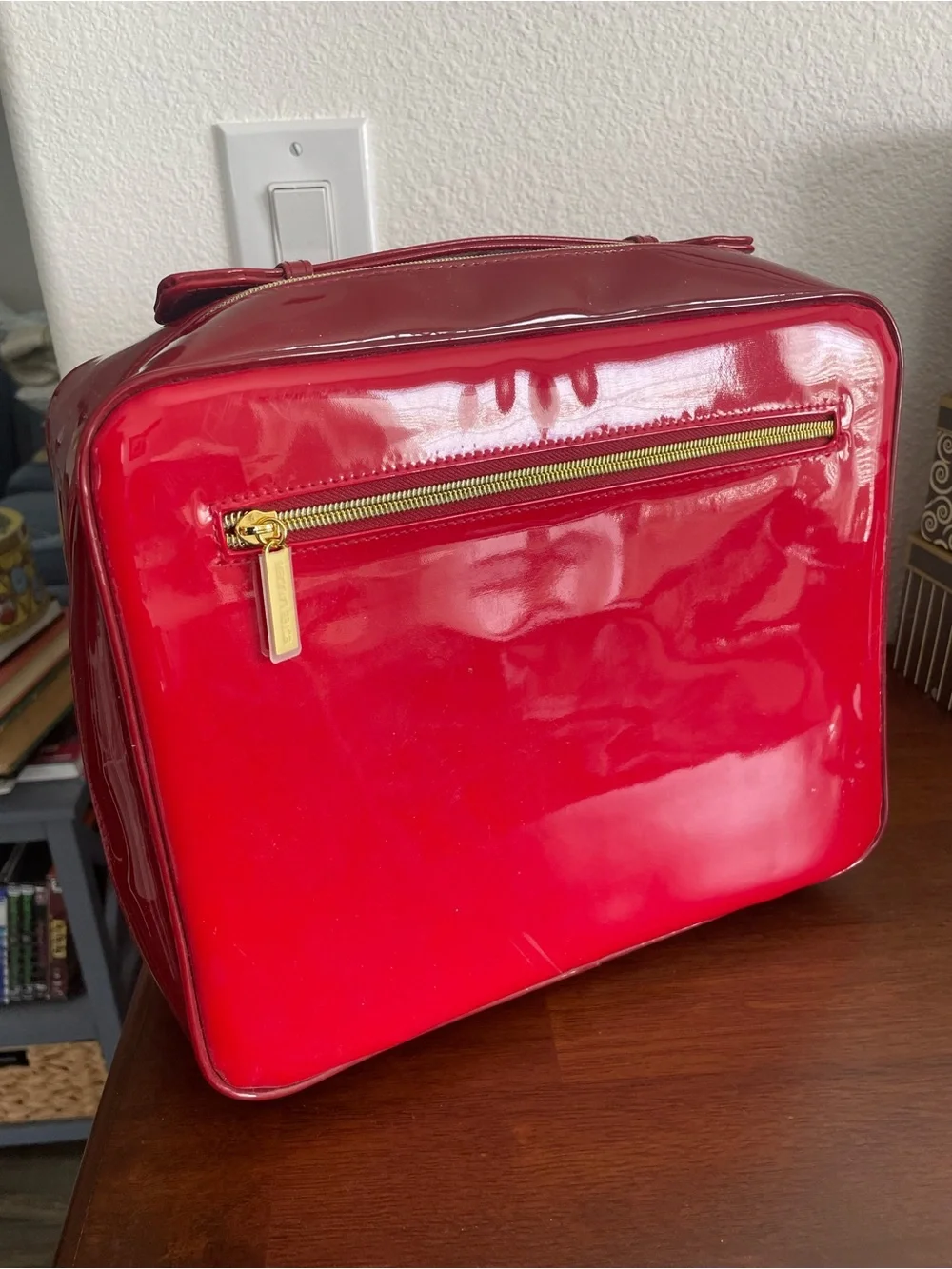Estee Lauder Glossy Red Patent Cosmetic Case with Gold Accents